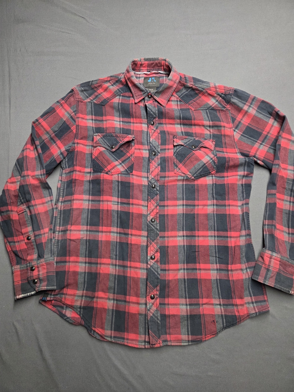 Just Keep Livin JKL Red Plaid Western Pearl Snap Flannel Shirt Men's M Cotton